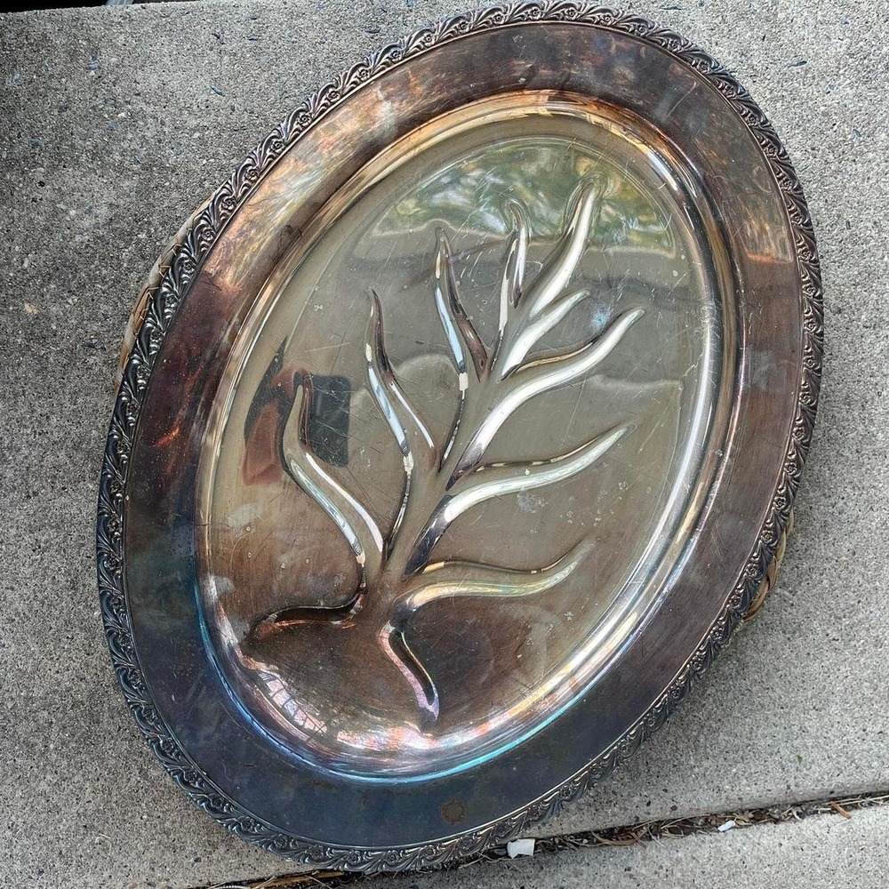 1910s Vintage Silver Plated Oval Meat Carving Serving Footed Trey